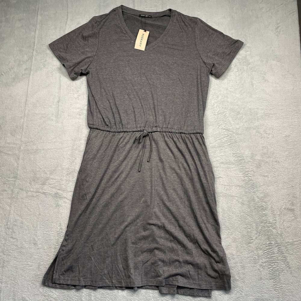 HUSKARY T-Shirt Dress Women Grey V-Neck Drawstring Waist Pocket Short Sleeve XXL